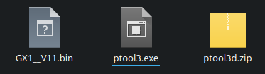 At this point you should at least have <code>GX1__V11.zip</code> and <code>ptool3.exe</code>