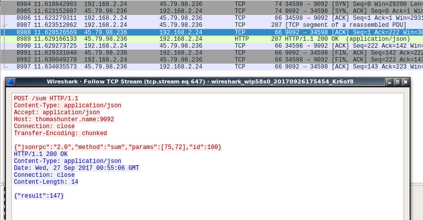 Wireshark Capture of HTTP/JSON Traffic